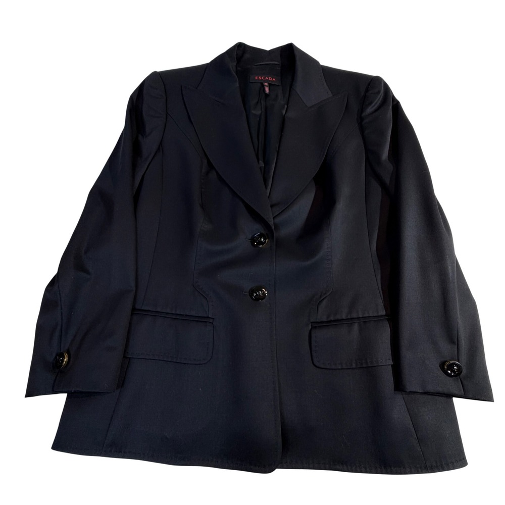 Escada Virgin Wool Blazer US 12 (EU42) Black Peak Lapel Made Germany Designer